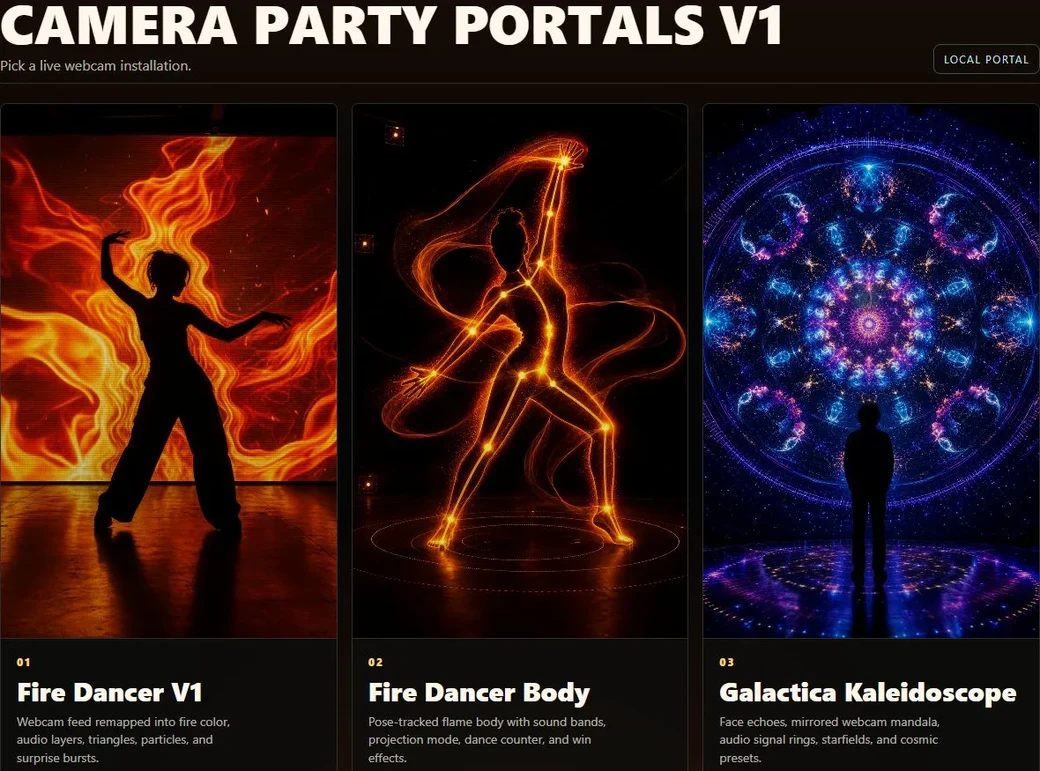 Camera Party Portals V1 launcher showing Fire Dancer V1, Fire Dancer Body, and Galactica Kaleidoscope