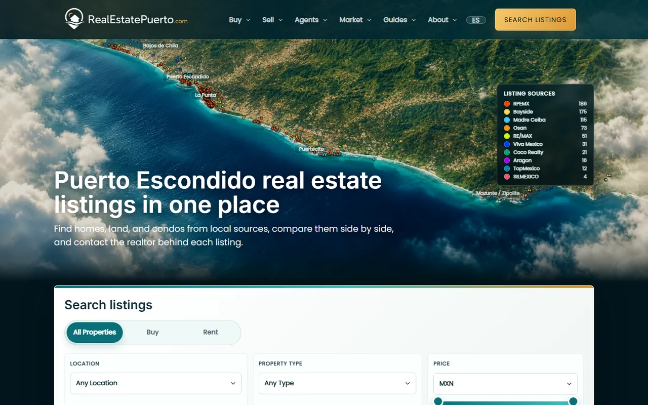 RealEstatePuerto live homepage showing map-based Puerto Escondido listings and source coverage