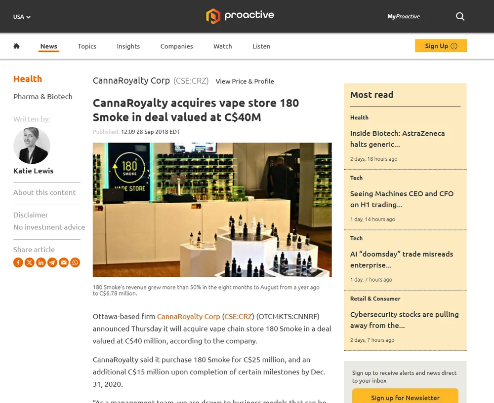 News coverage of 180 Smoke acquisition