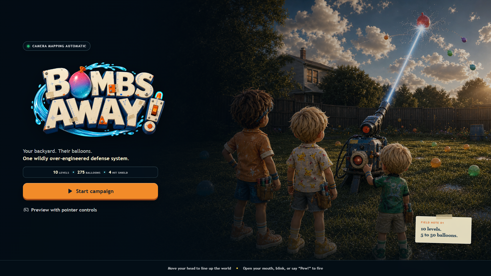 Bombs Away welcome screen with the game logo, instructions, Start campaign button, and backyard balloon-defense artwork